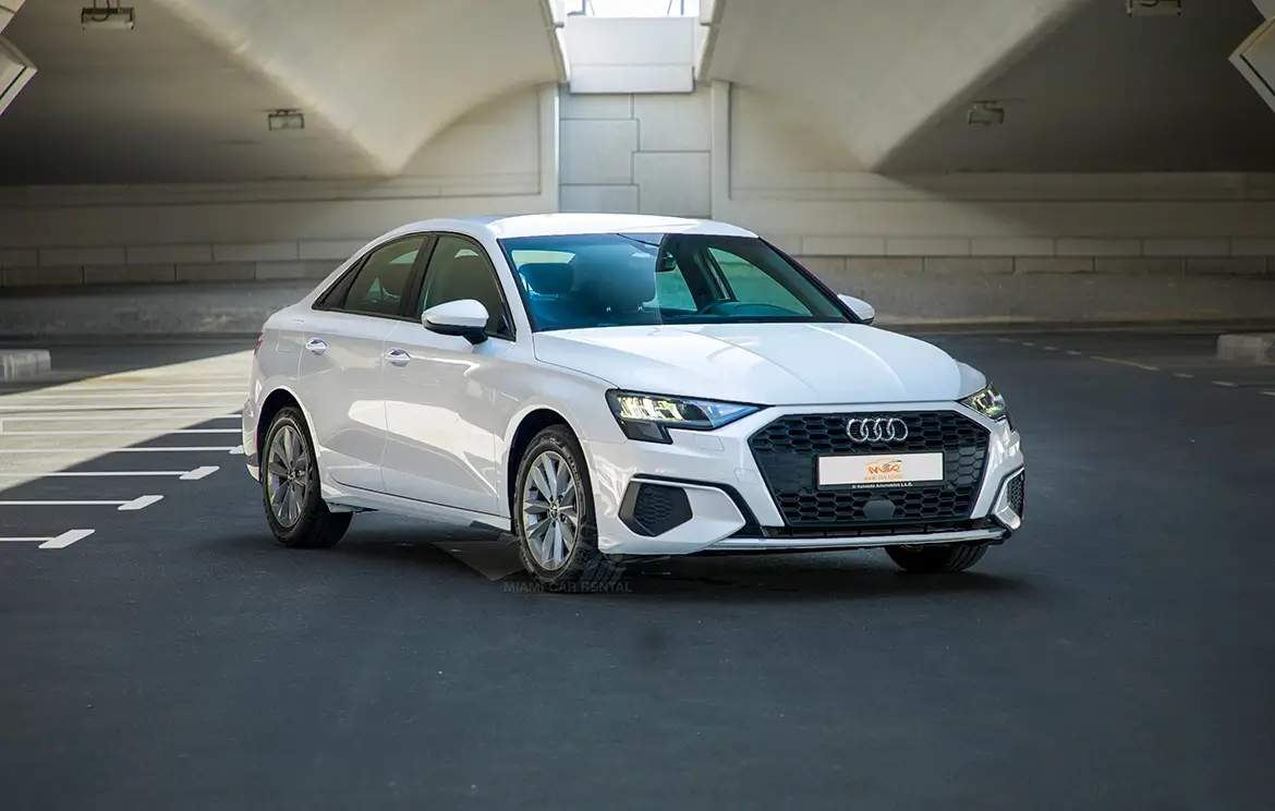 Hire the practical Audi A3 Whait sedan in Dubai