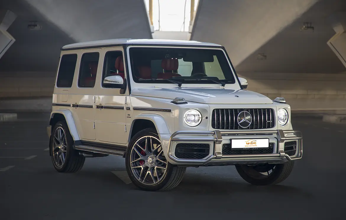 Lease the prestigious Mercedes G63 White SUV in Abu Dhabi