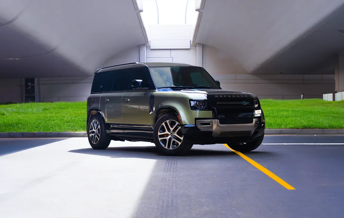 Lease the robust Land Rover Defender Green SUV in Dubai and Abu Dhabi