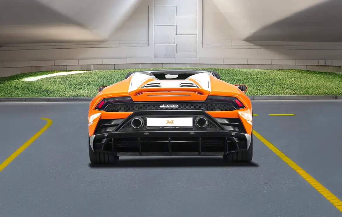 Hire the eye-catching Lamborghini Huracan Evo Spyder Orange convertible in the UAE