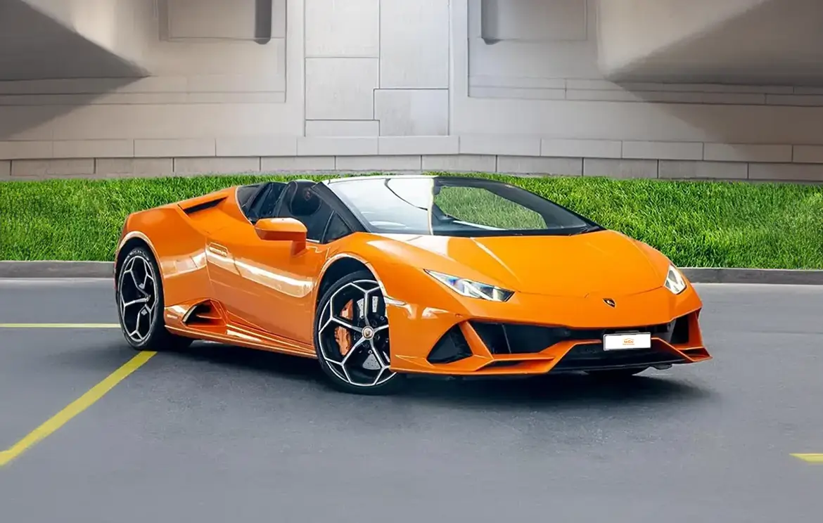 Lease the exhilarating Lamborghini Huracan Evo Spyder Orange sports convertible