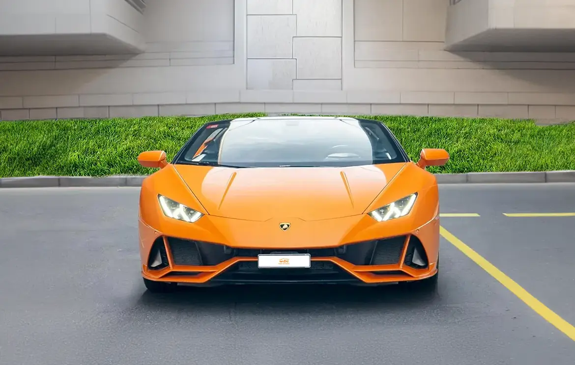 Lamborghini Huracan Evo Spyder Orange convertible Rental in the UAE